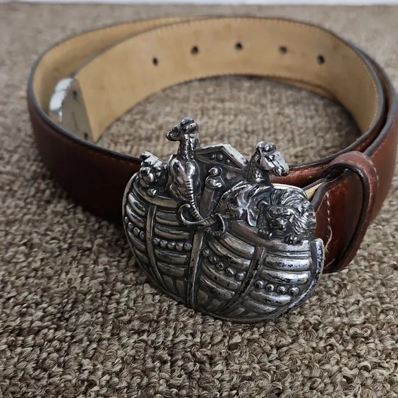 Vintage Brighton Museum Collection Brown Leather Silver Noahs Ark Belt Sz M - Picture 1 of 7